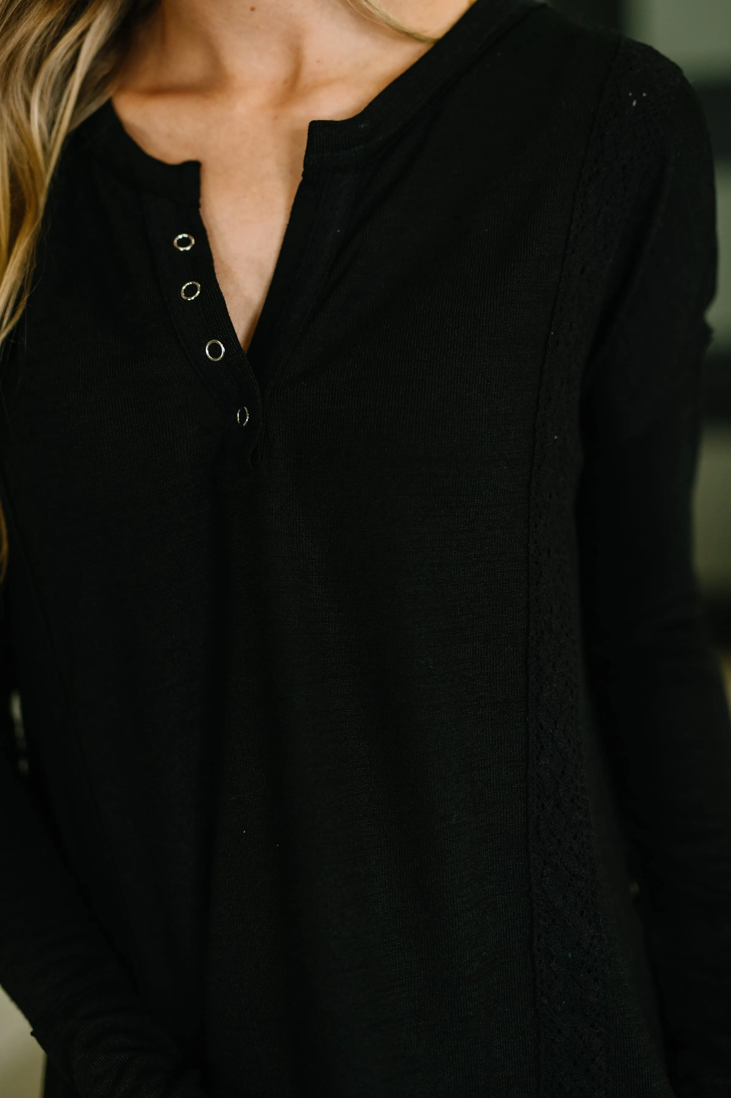 Never Been So Sure Lace Accent Henley Top in Black sold by Charming Charlie product image thumbnail 2