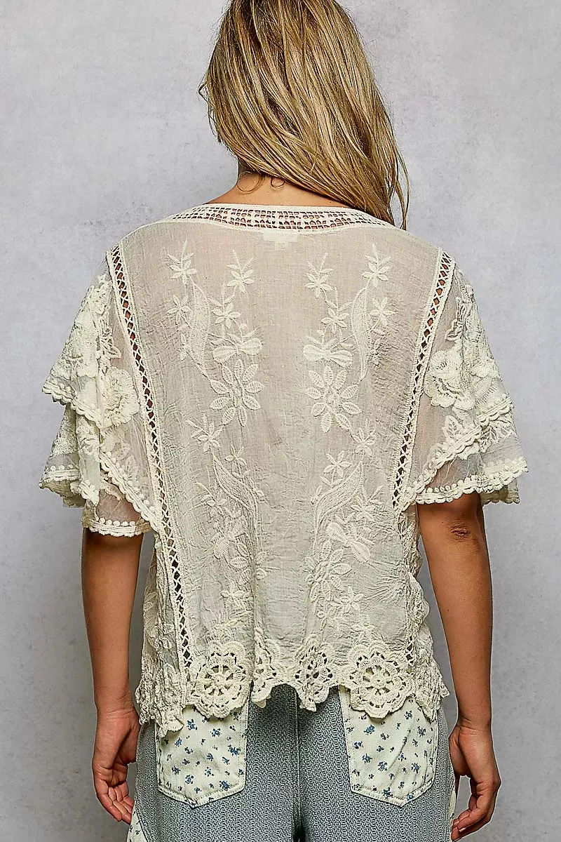 POL Floral Crochet V-Neck Short Sleeve Blouse with Scalloped Hem sold by Charming Charlie product image thumbnail 5