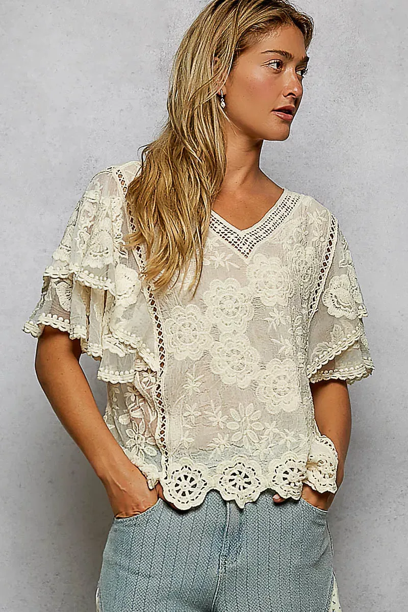POL Floral Crochet V-Neck Short Sleeve Blouse with Scalloped Hem sold by Charming Charlie product image thumbnail 2