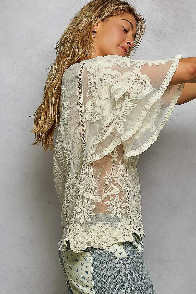 POL Floral Crochet V-Neck Short Sleeve Blouse with Scalloped Hem sold by Charming Charlie product image thumbnail 3
