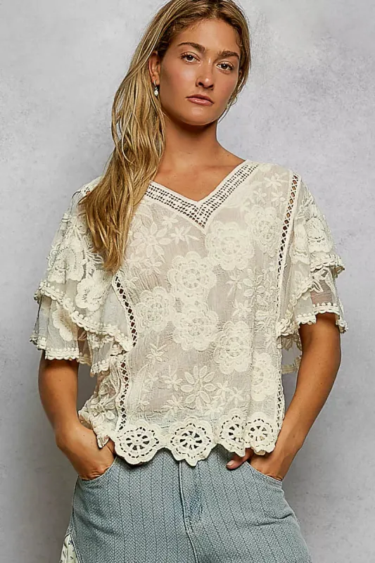 POL Floral Crochet V-Neck Short Sleeve Blouse with Scalloped Hem made by Trendsi