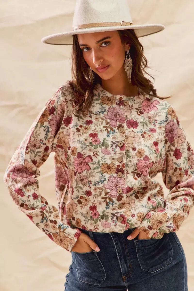 SO ME Floral Print Button Front Sweater Cardigan sold by Charming Charlie product image thumbnail 4