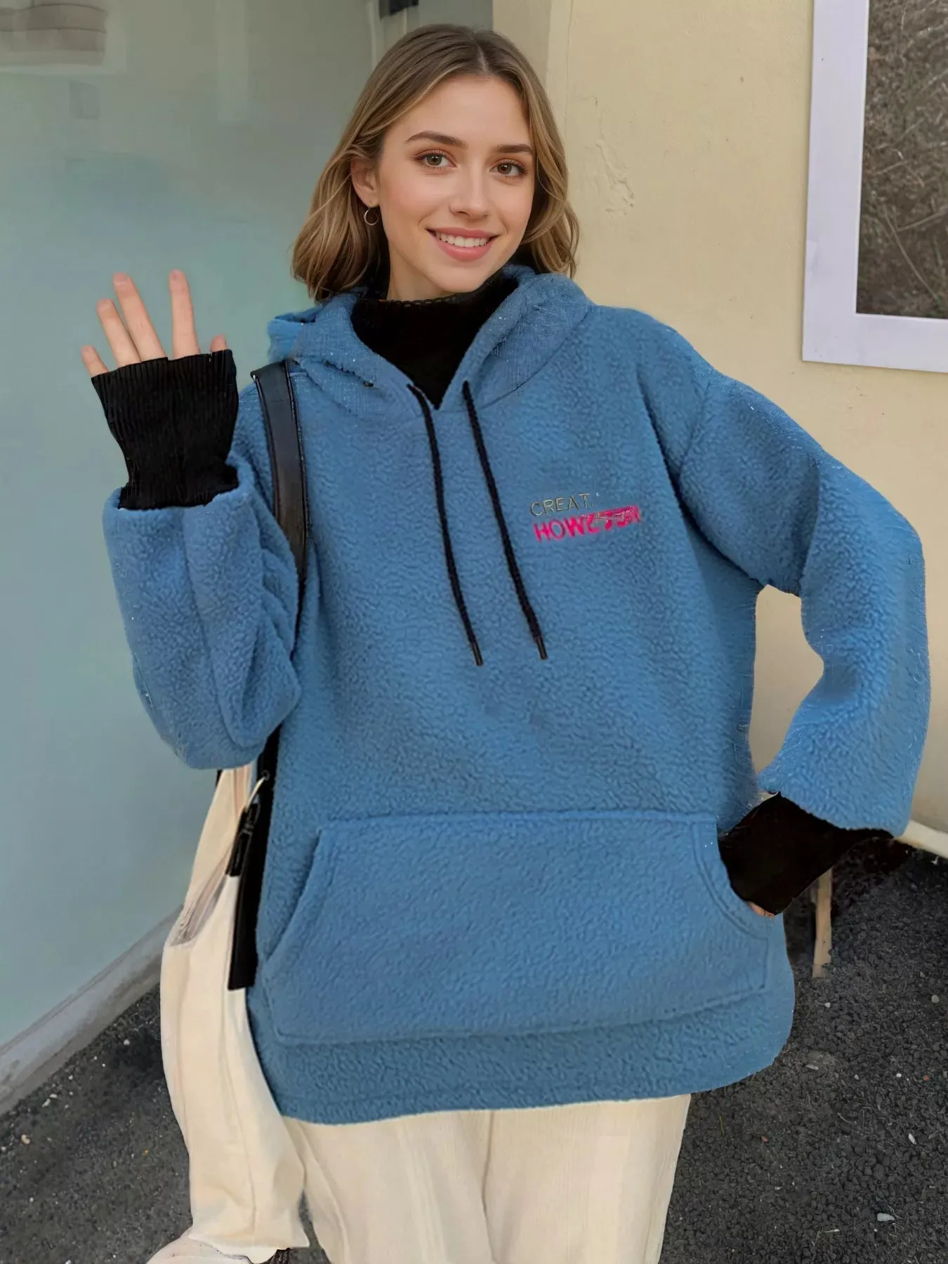 Drawstring Sherpa Kangaroo Pocket Hoodie sold by Charming Charlie product image thumbnail 2