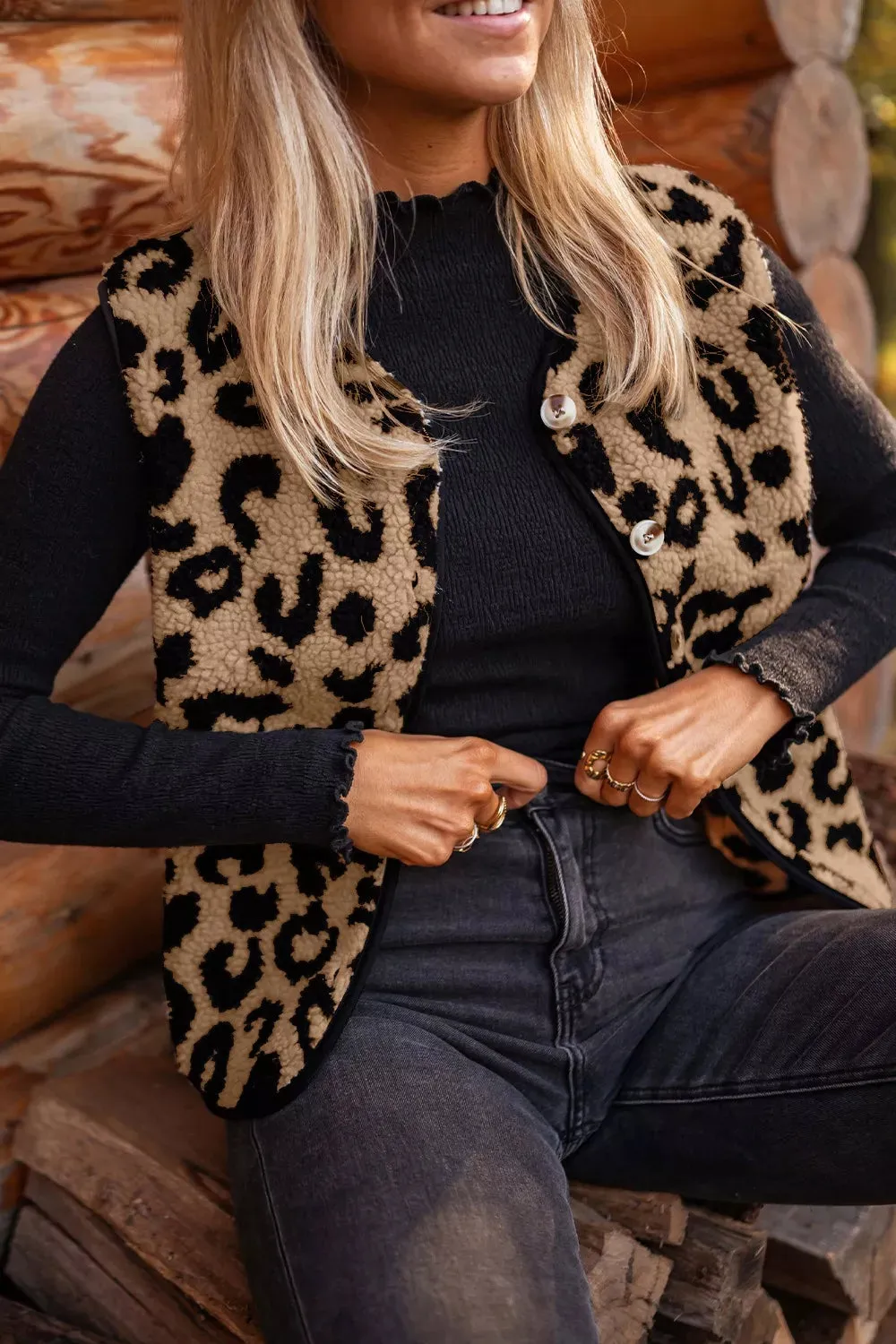 Leopard Print Sherpa Fleece Vest Coat sold by Charming Charlie