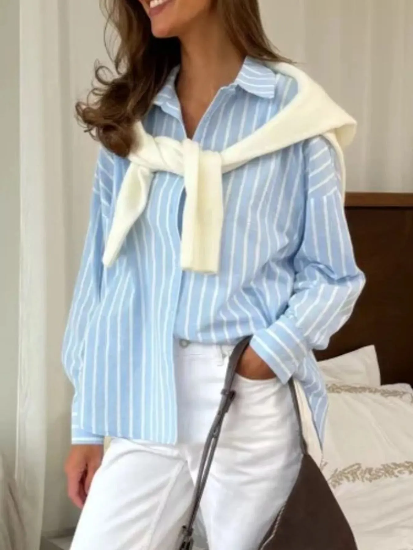 Button Down Striped Collared Neck Long Sleeve Shirt sold by Charming Charlie product image thumbnail 4
