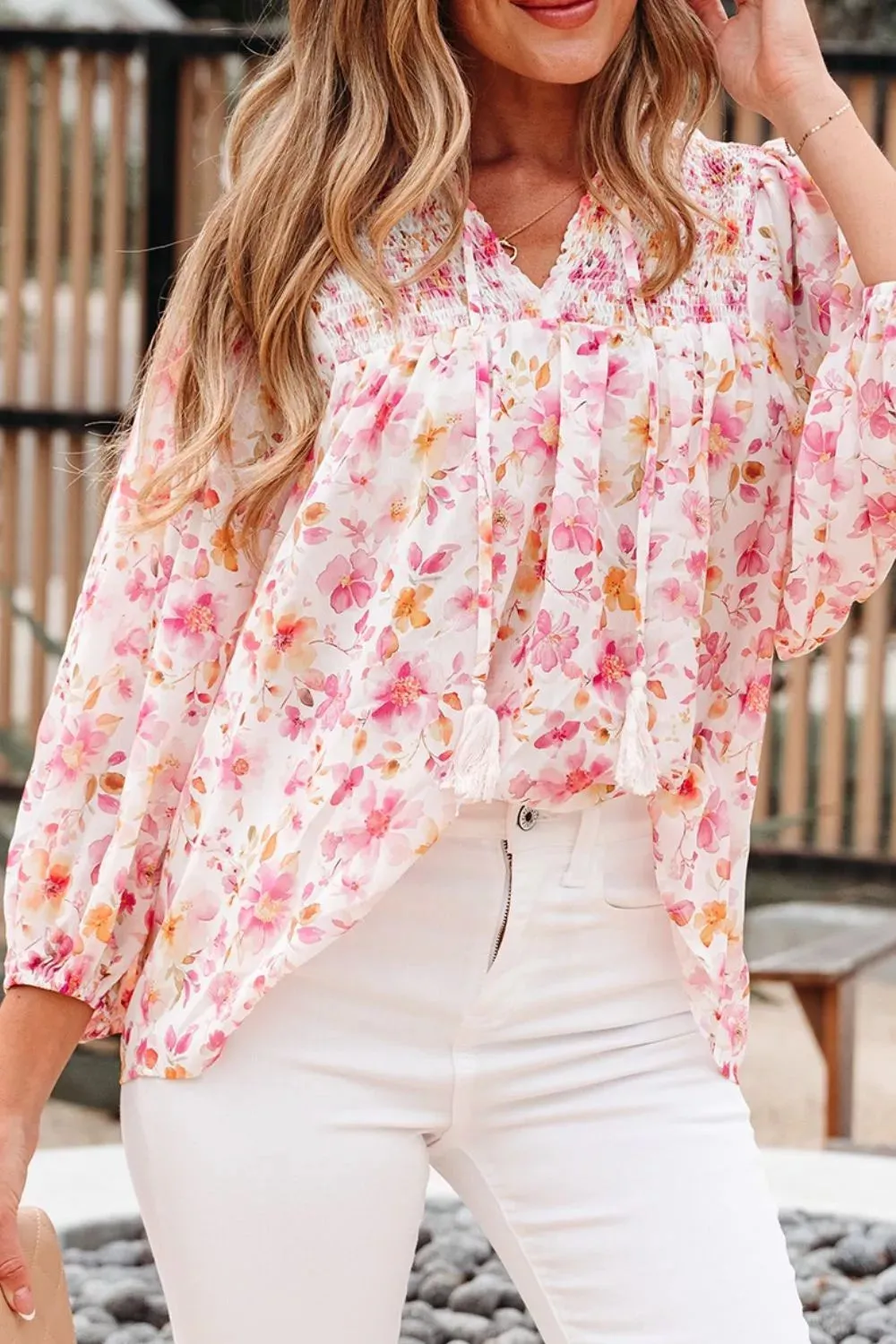 Floral Print Tie-Neck Blouse sold by Charming Charlie product image thumbnail 2