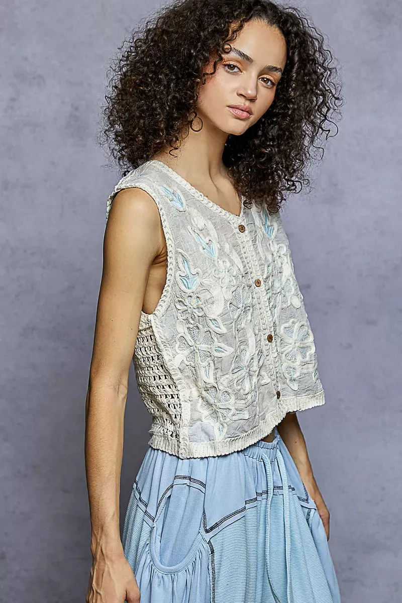 POL Button Down Floral Embroidery Cropped Crochet Vest Top sold by Charming Charlie product image thumbnail 3