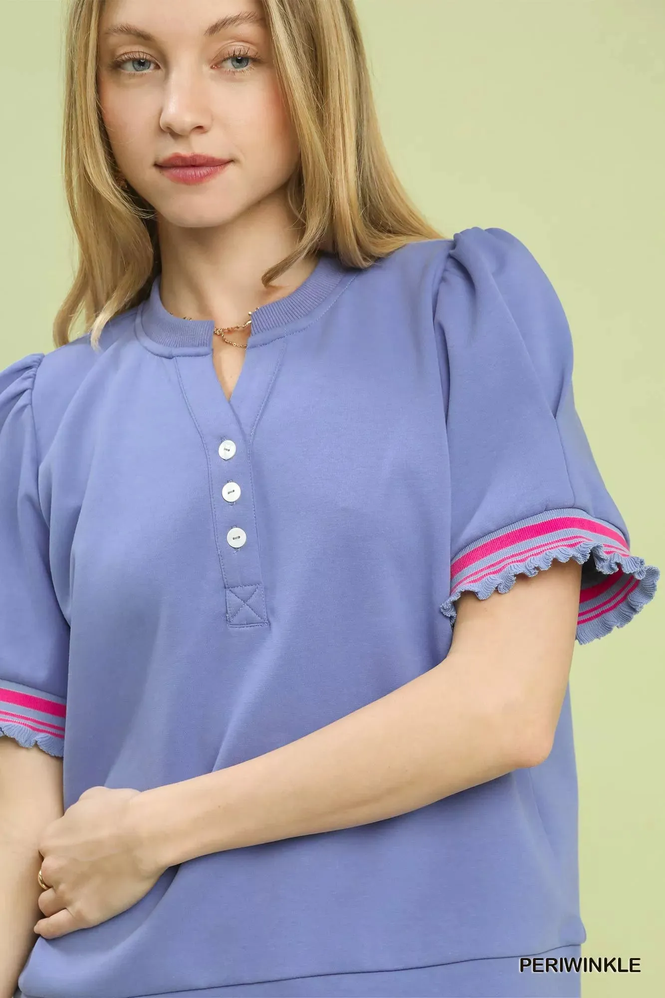 Umgee Puff Sleeve Button Front Top with Contrast Trim sold by Charming Charlie product image thumbnail 5