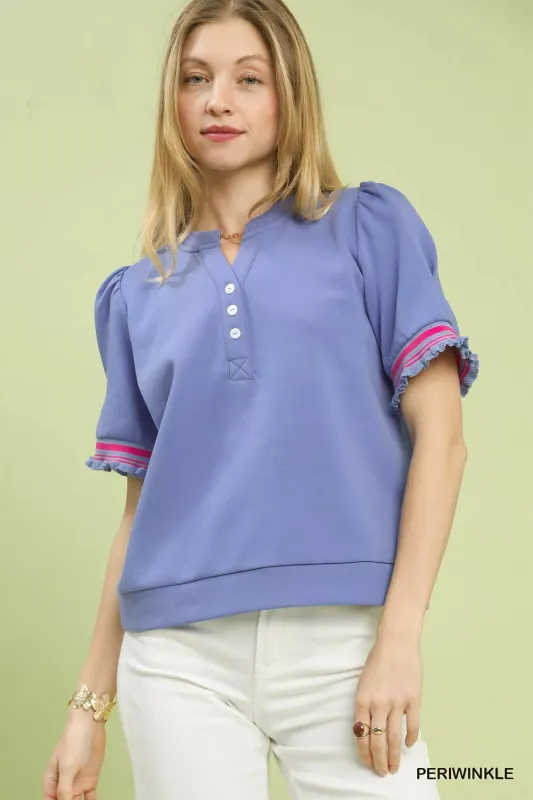 Umgee Puff Sleeve Button Front Top with Contrast Trim sold by Charming Charlie