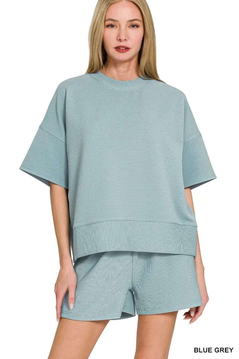 Zenana Ribbed Round Neck Waist Banded Tee & Shorts Set sold by Charming Charlie