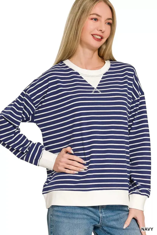Zenana Contrast Striped Round Neck Sweatshirt sold by Charming Charlie