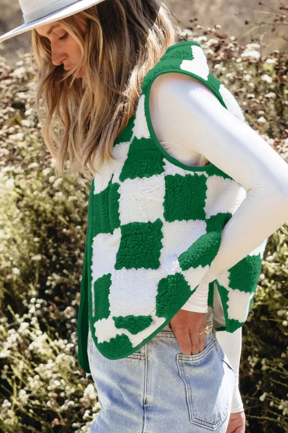 Checkerboard Fleece Sherpa Vest Coat sold by Charming Charlie product image thumbnail 3