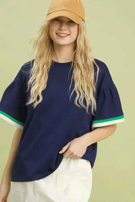 Umgee Contrast Trim Bell Sleeve Top made by Trendsi