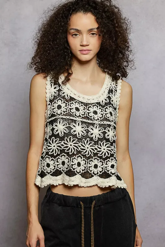 POL Floral Round Neck Cropped Crochet Sleeveless Top with Scalloped Edge sold by Charming Charlie
