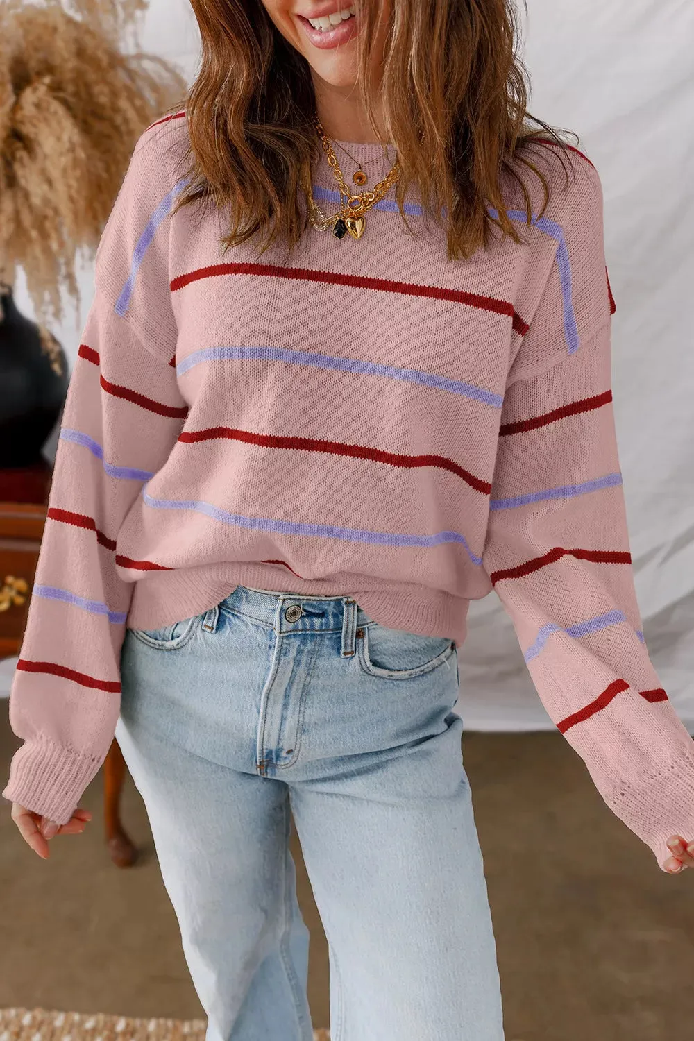 Striped Drop Shoulder Long Sleeve Sweater sold by Charming Charlie