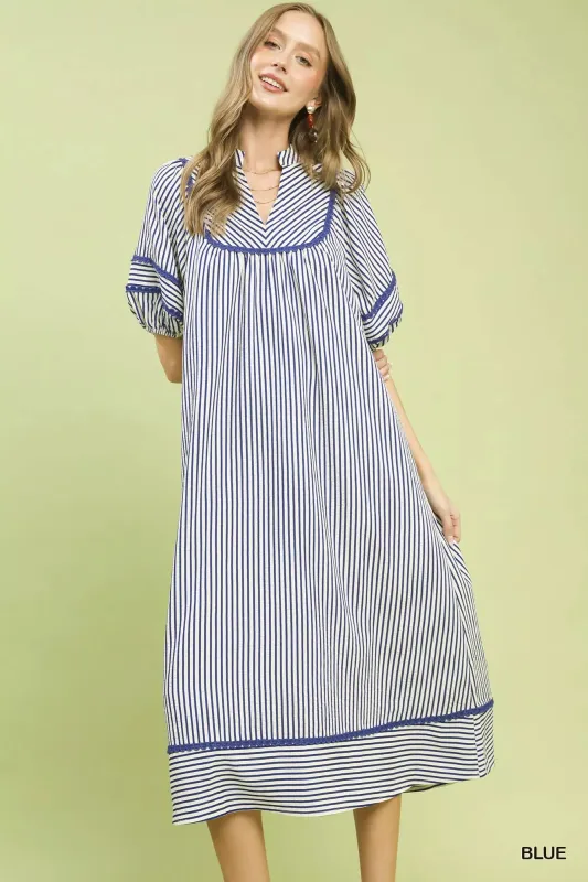 Umgee Striped Puff Sleeve Midi Dress made by Trendsi