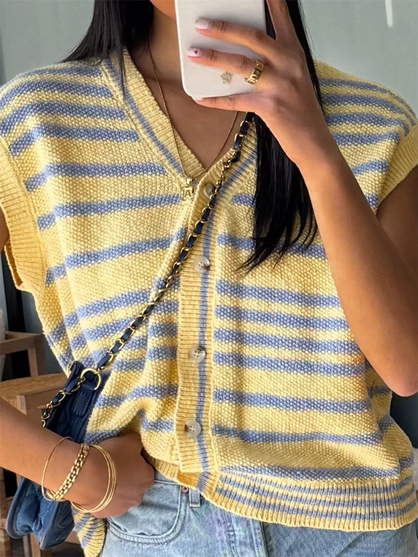 Striped Knit Button Up Cap Sleeve Cardigan sold by Charming Charlie product image thumbnail 3