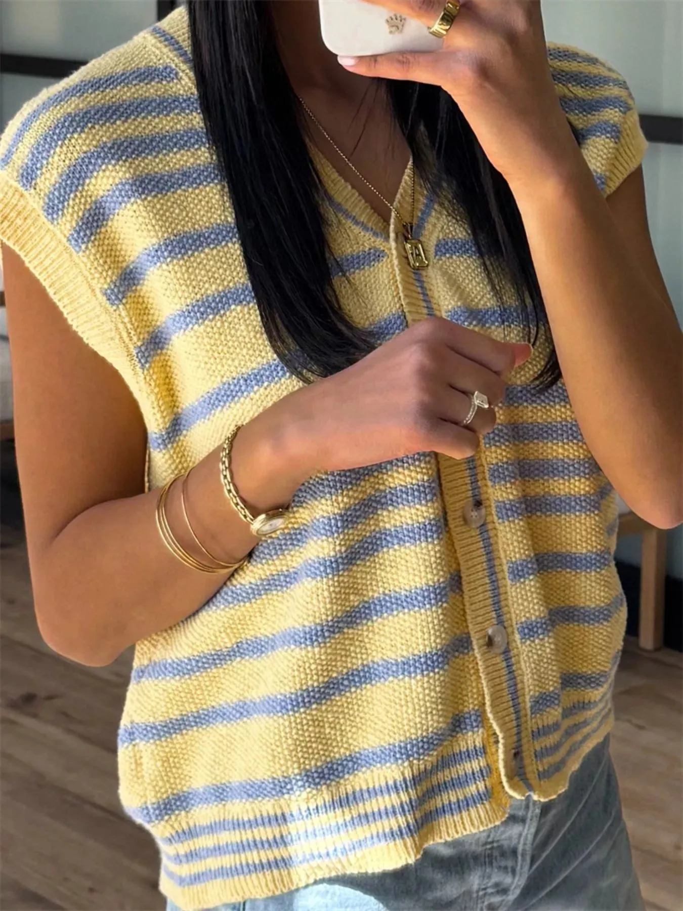 Striped Knit Button Up Cap Sleeve Cardigan sold by Charming Charlie product image thumbnail 4