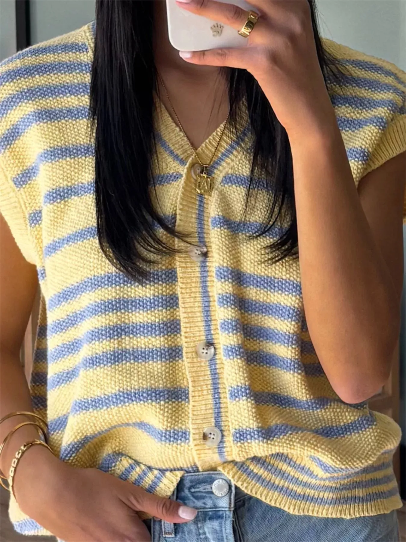 Striped Knit Button Up Cap Sleeve Cardigan sold by Charming Charlie