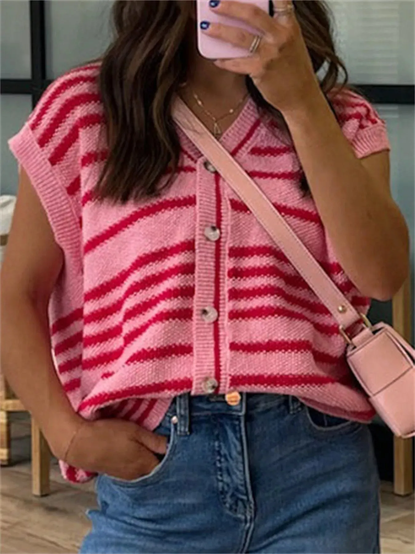 Striped Knit Button Up Cap Sleeve Cardigan sold by Charming Charlie product image thumbnail 5