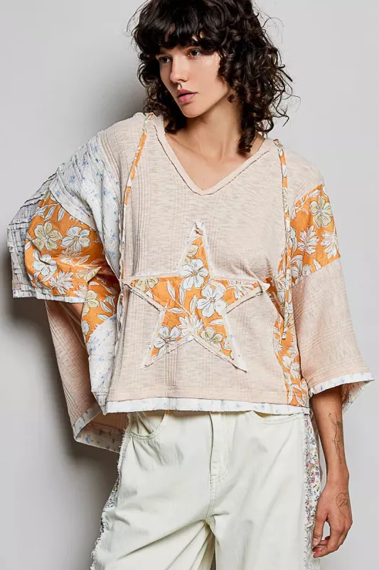 POL Floral Star Patch Hooded Blouse with Lace Contrast Detail sold by Charming Charlie