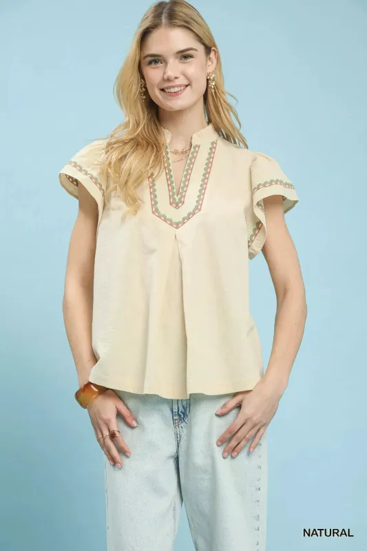 Umgee Embroidered Flutter Sleeve Blouse sold by Charming Charlie