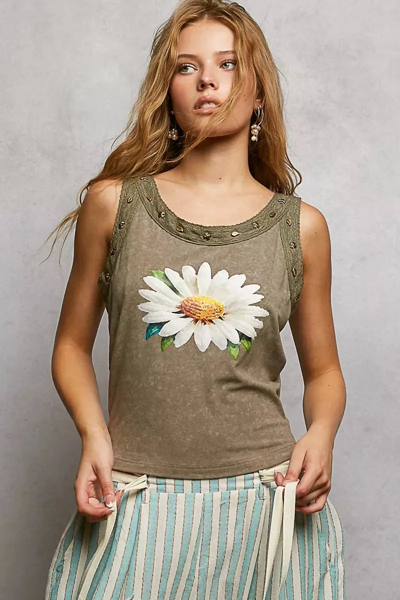 POL Washed Floral Stud Round Neck Slim Tank sold by Charming Charlie