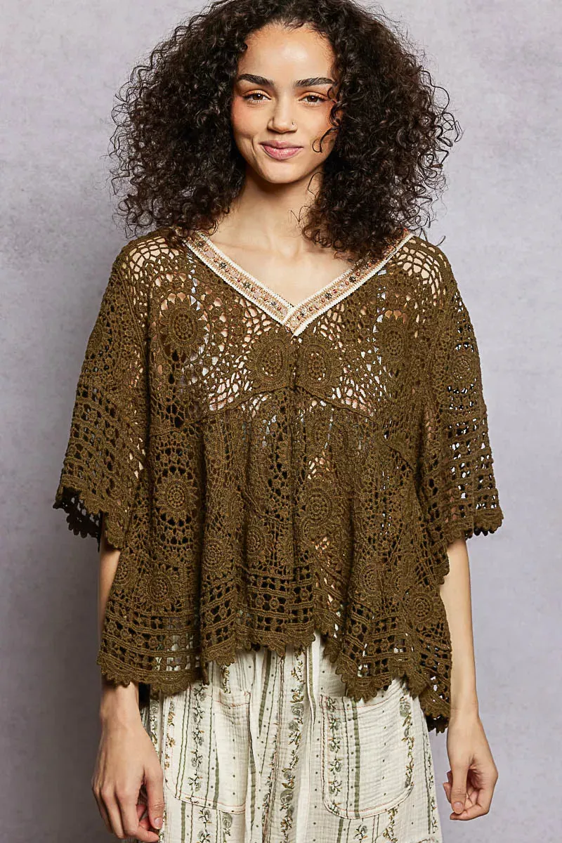 POL V-Neck Crochet Top with Scalloped Hem sold by Charming Charlie