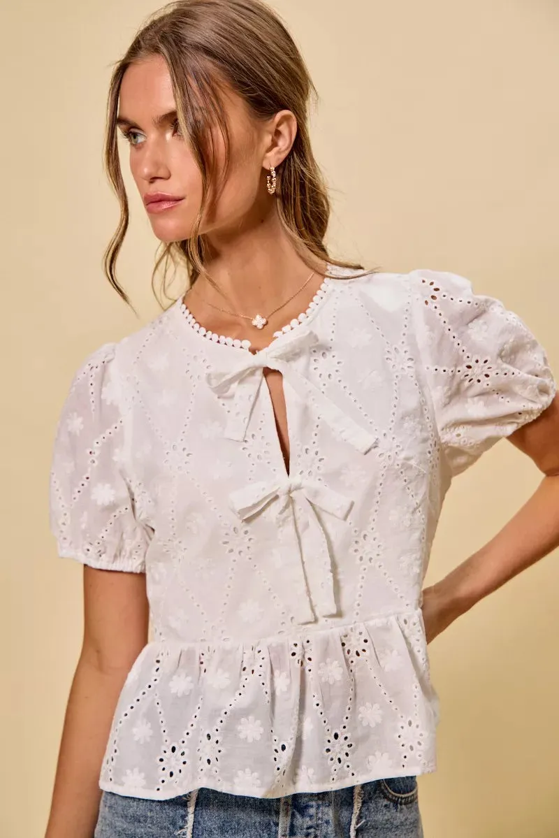 SO ME Cotton Eyelet Front Tie Short Sleeves Blouse sold by Charming Charlie product image thumbnail 4