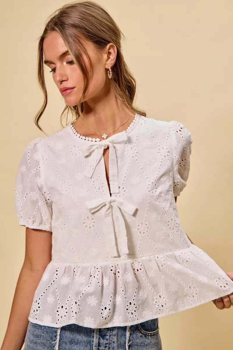 SO ME Cotton Eyelet Front Tie Short Sleeves Blouse sold by Charming Charlie