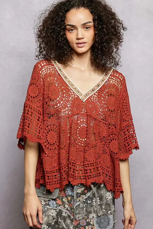 POL V-Neck Crochet Top with Scalloped Hem sold by Charming Charlie