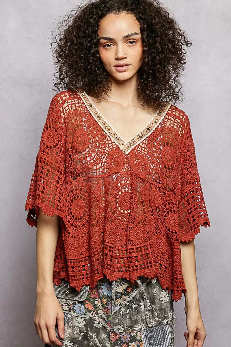 POL V-Neck Crochet Top with Scalloped Hem sold by Charming Charlie