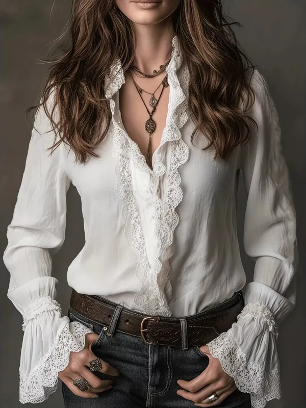 Lace Trim Button Up Shirt sold by Charming Charlie