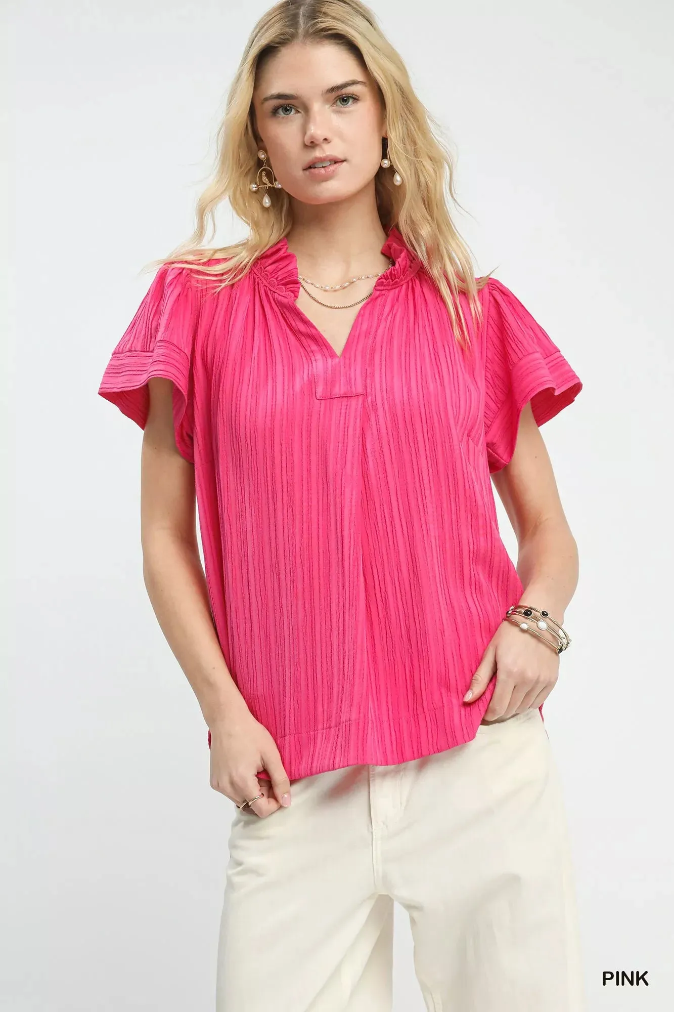 Umgee Texture Flutter Sleeve Notched Blouse sold by Charming Charlie