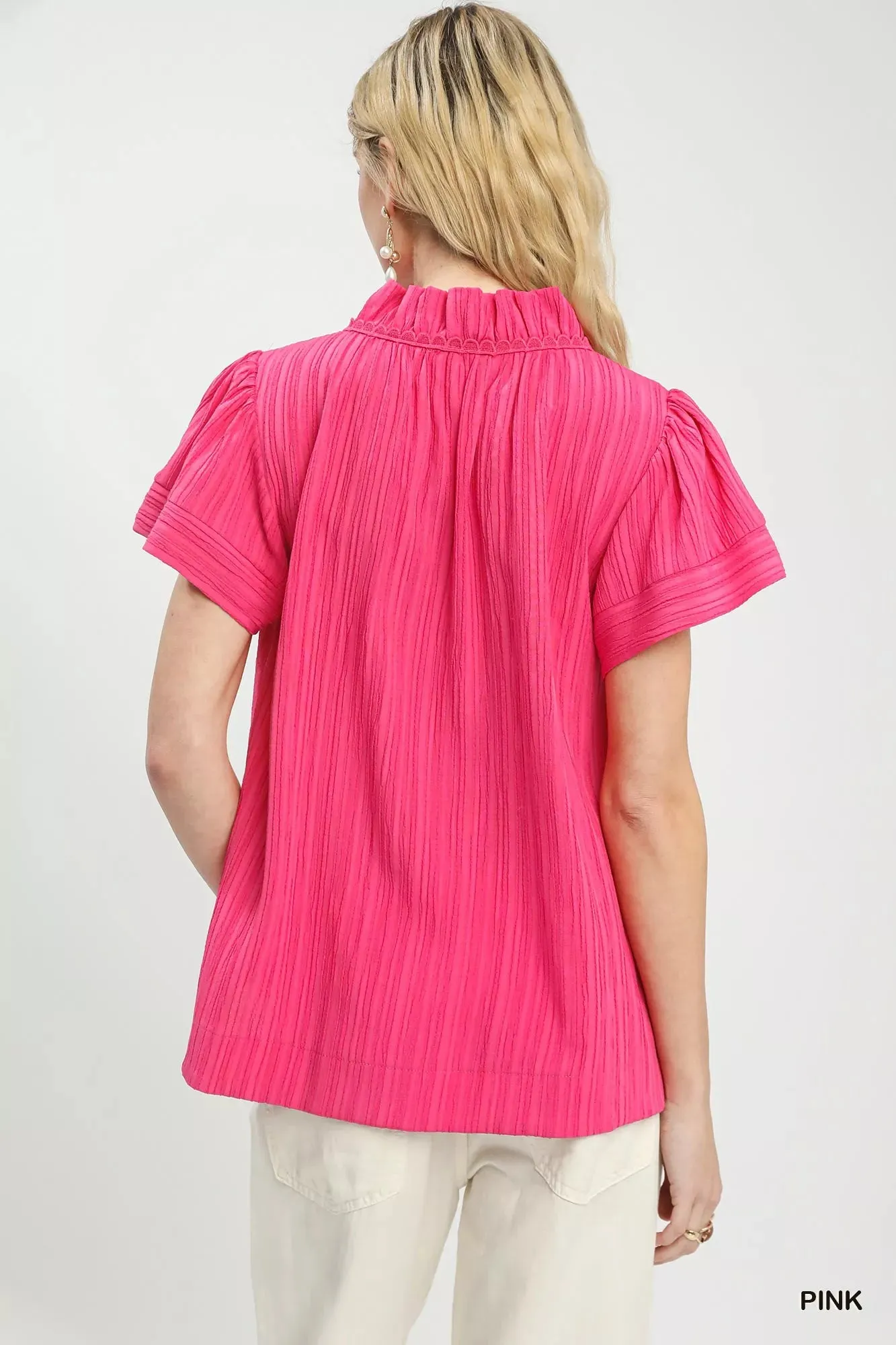 Umgee Texture Flutter Sleeve Notched Blouse sold by Charming Charlie product image thumbnail 3