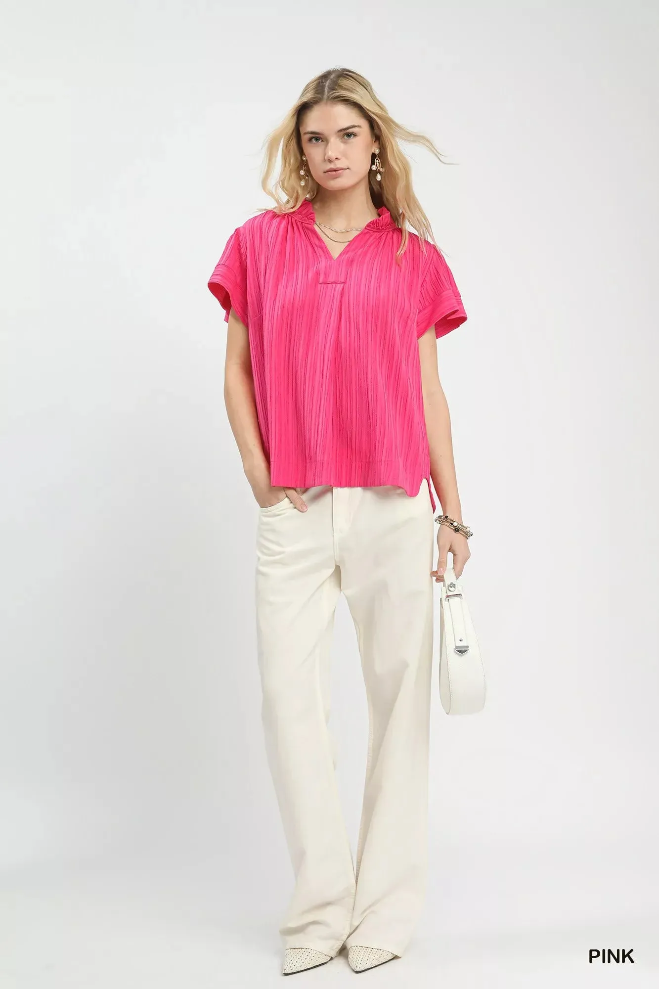 Umgee Texture Flutter Sleeve Notched Blouse sold by Charming Charlie product image thumbnail 4