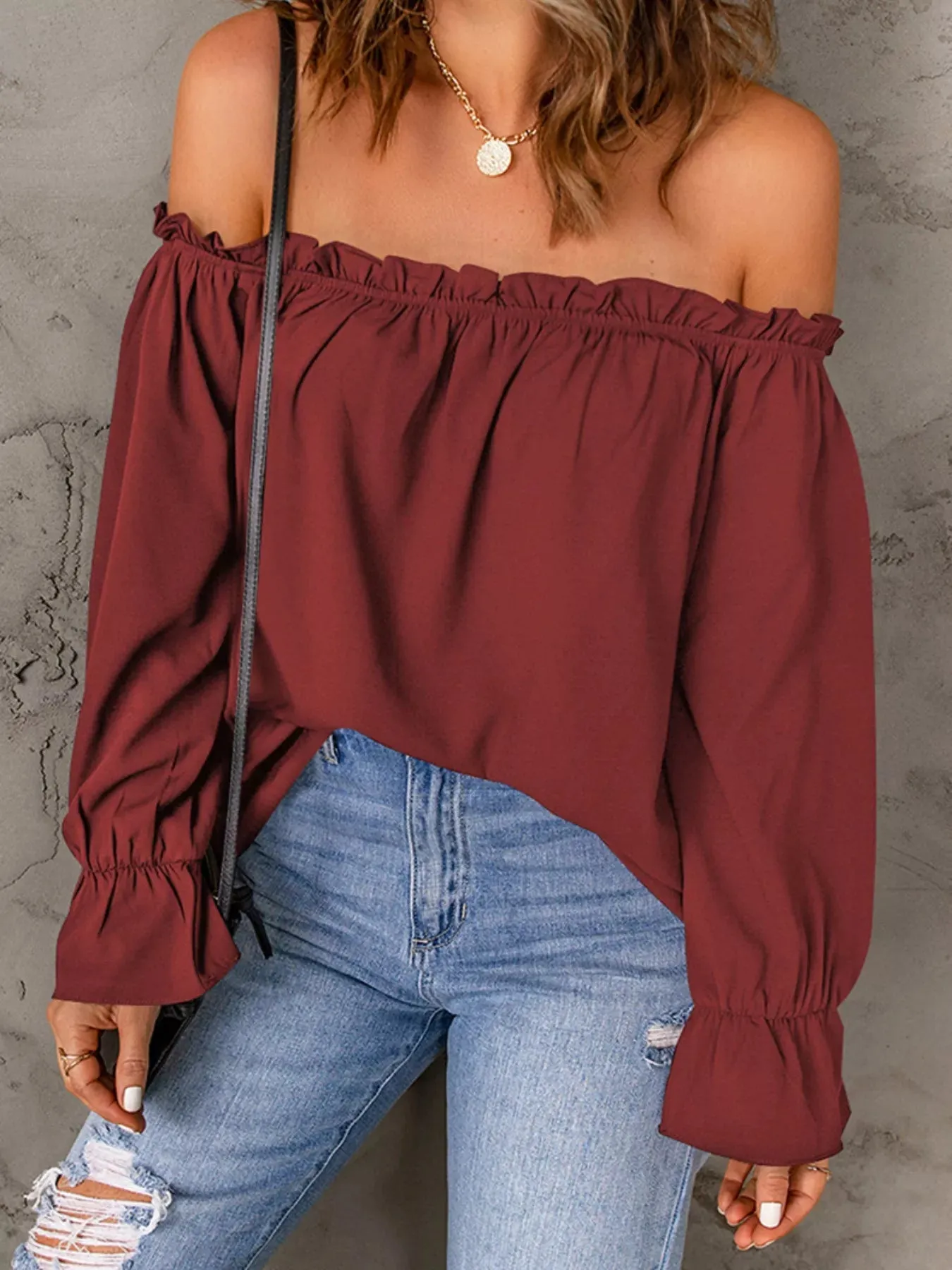 Full Size Off-Shoulder Ruffle Long Sleeve Blouse Plus Size sold by Charming Charlie product image thumbnail 5