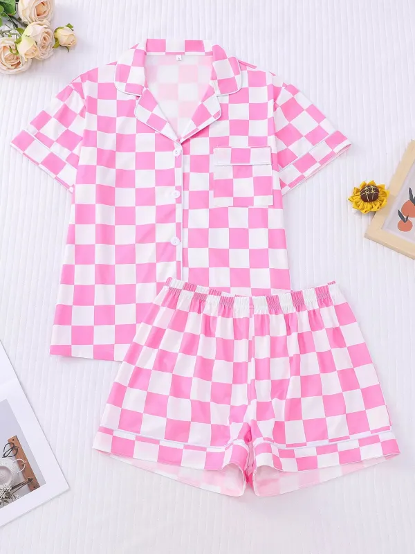 Checkered Print Button Up Top and Shorts Lounge Set sold by Charming Charlie
