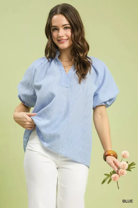 Umgee Textured Puff Sleeve Split Neck Top sold by Charming Charlie