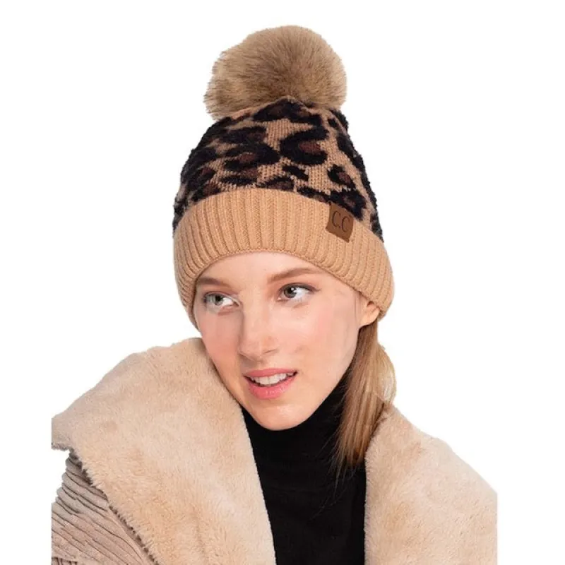 C.C Leopard Pattern Beanie Hat Plush Faux Fur Pom Pom Hat sold by Charming Charlie