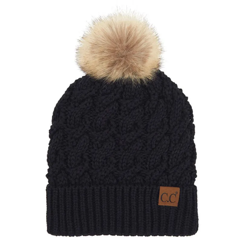C.C Cable Ribbed Beanie Natural Plush Faux Fur Pom Pom Hat made by Charming Charlie