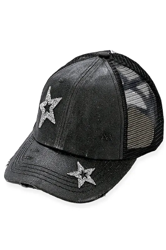 C.C Hand Spray Glitter Star Trucker Hat Pony Cap made by Charming Charlie