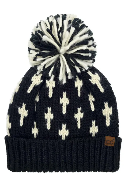C.C Cross Pattern All Over Yarn Big Pom Beanie made by Charming Charlie