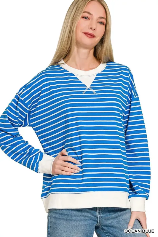 Zenana Contrast Striped Round Neck Sweatshirt sold by Charming Charlie