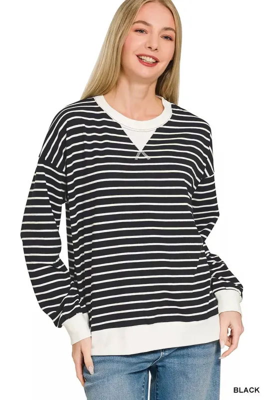 Zenana Contrast Striped Round Neck Sweatshirt sold by Charming Charlie