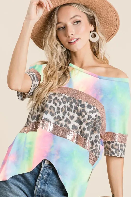 BiBi Tie Dye Terry Top with Leopard and Sequins Block sold by Charming Charlie