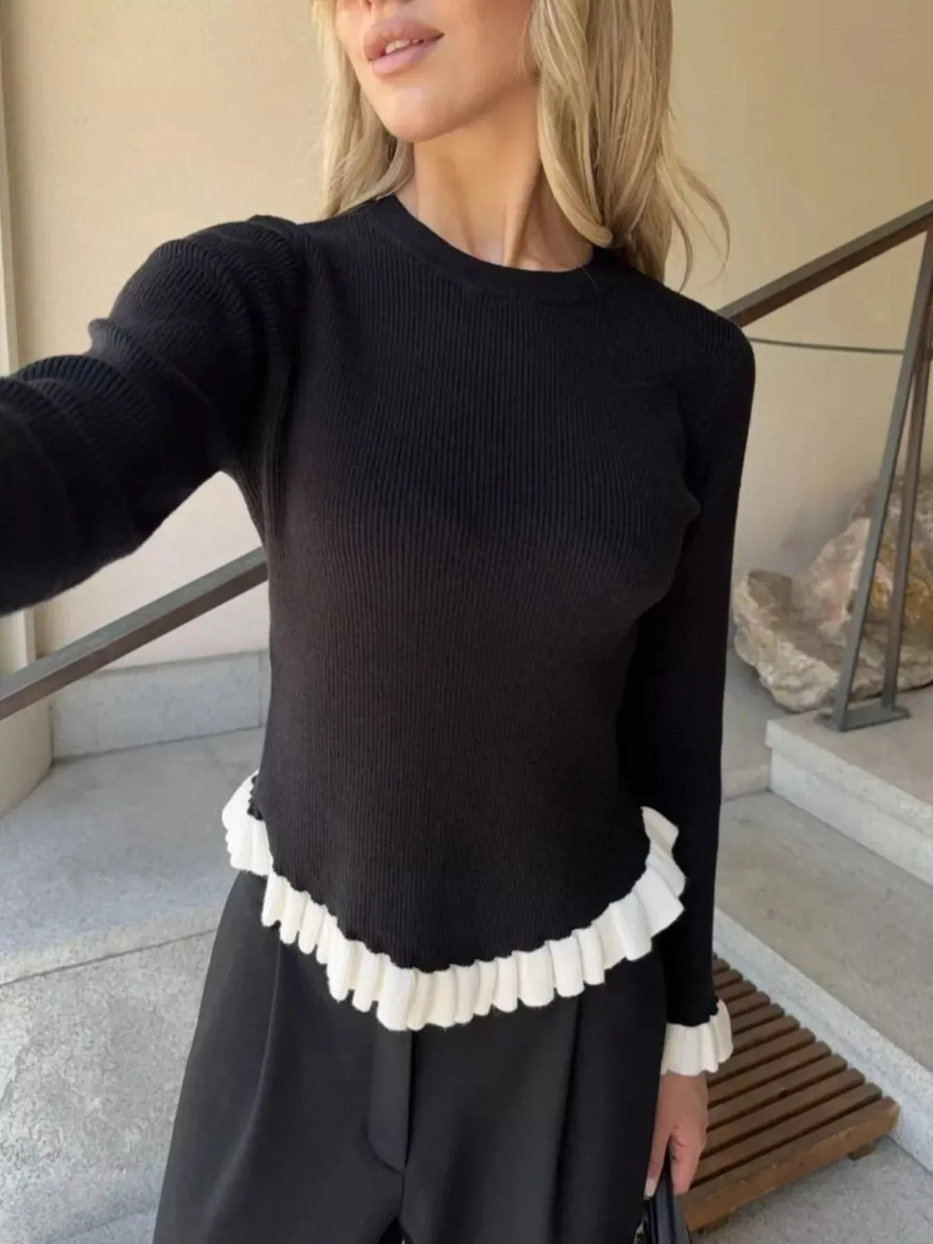 Ruffle Trim Long Sleeve Sweater sold by Charming Charlie product image thumbnail 4