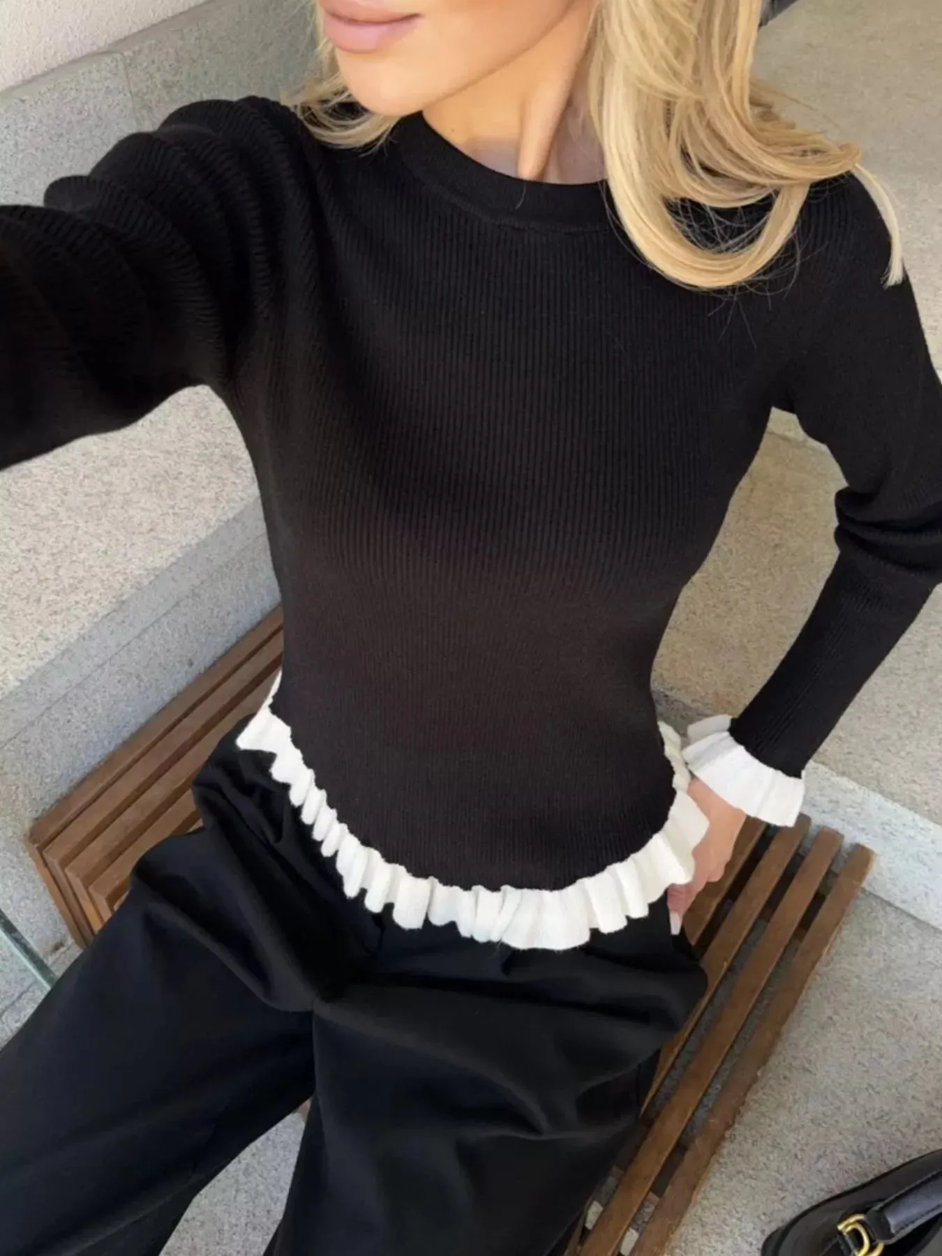 Ruffle Trim Long Sleeve Sweater sold by Charming Charlie product image thumbnail 5