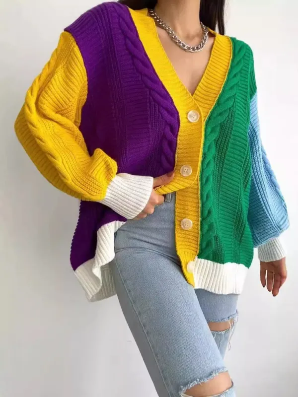 Color Block Button Down Cable-Knit Cardigan sold by Charming Charlie