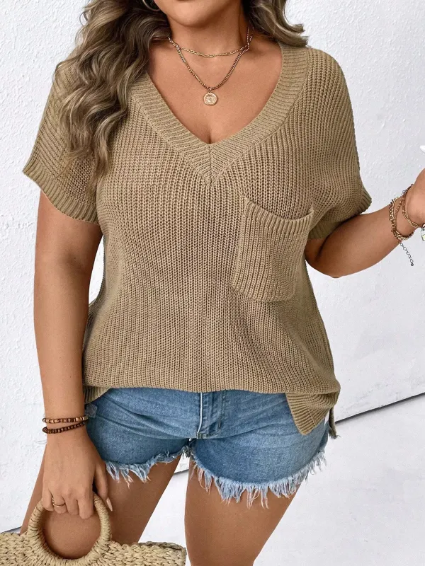 Plus Size V-Neck Short Sleeve Knit Top with Chest Pocket sold by Charming Charlie